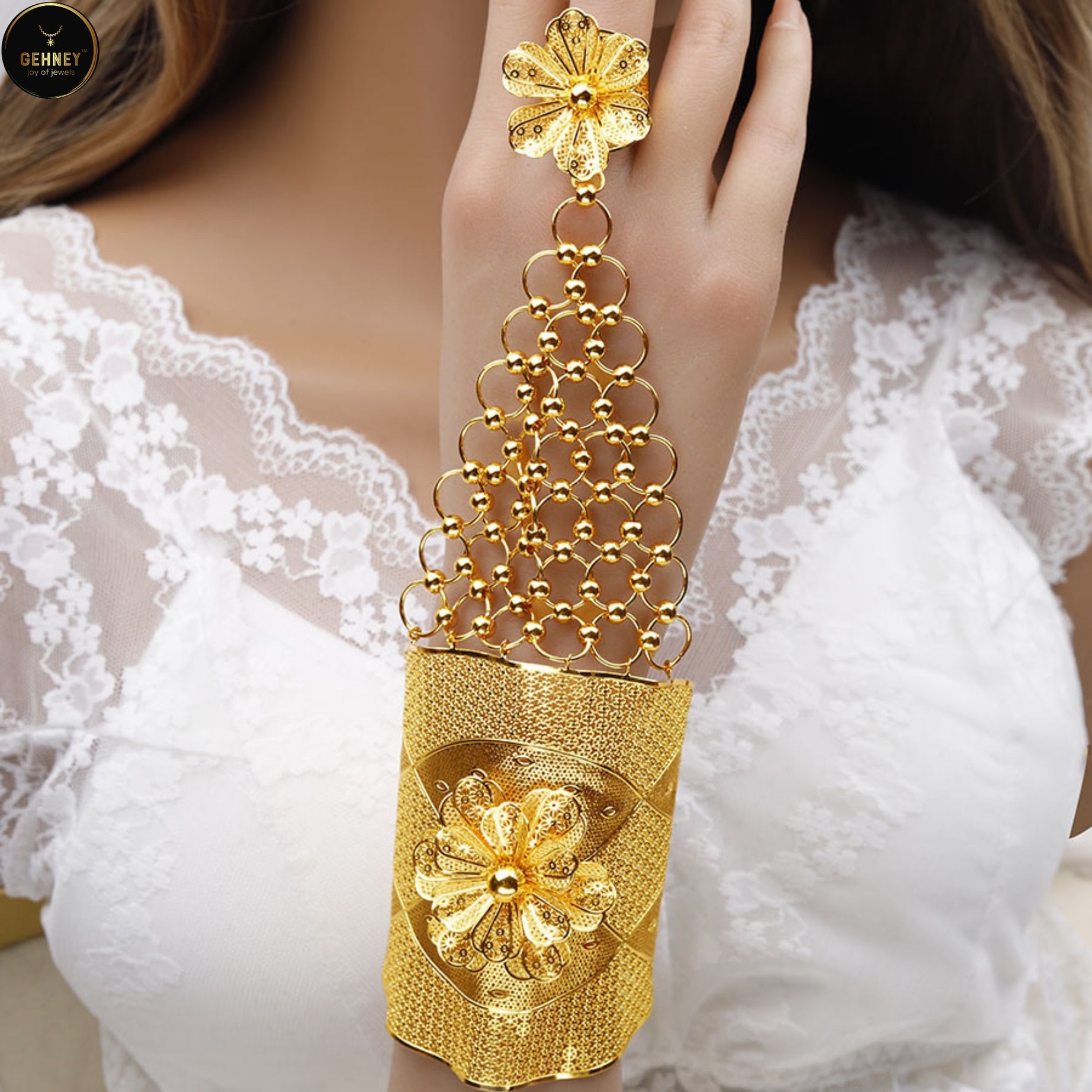 Gold-Plated Long Cuff Bracelet with Finger Ring - Floral Hand Harness for Women
