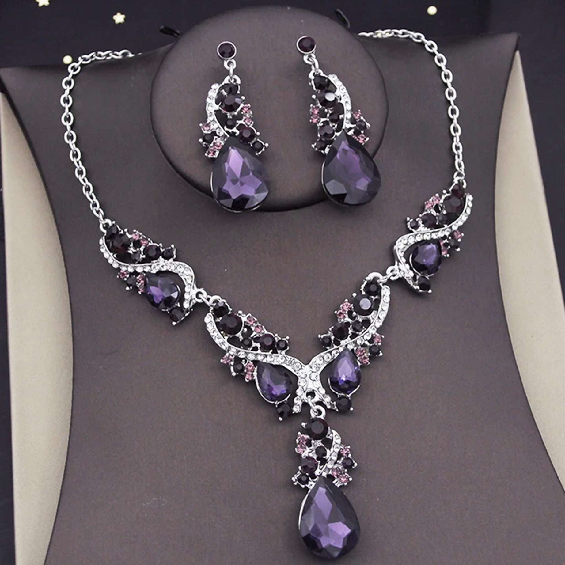 JN11 Gemstones Ornate & Swirling Pattern Necklace & Earrings Jewellery Set