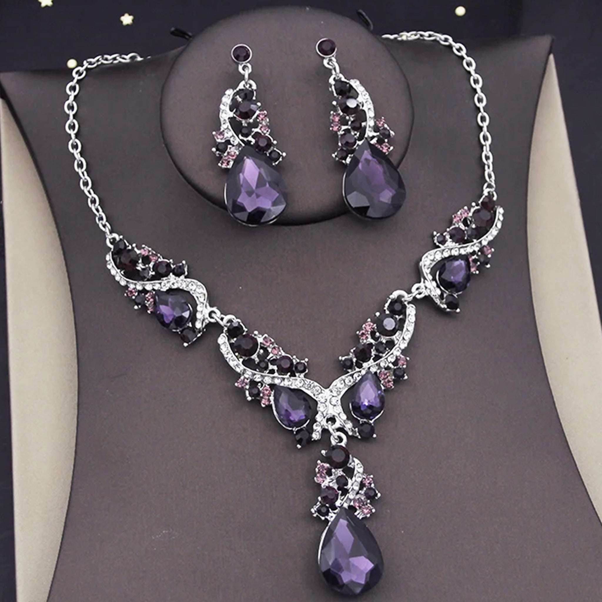 JN11 Gemstones Ornate & Swirling Pattern Necklace & Earrings Jewellery Set - Gehney