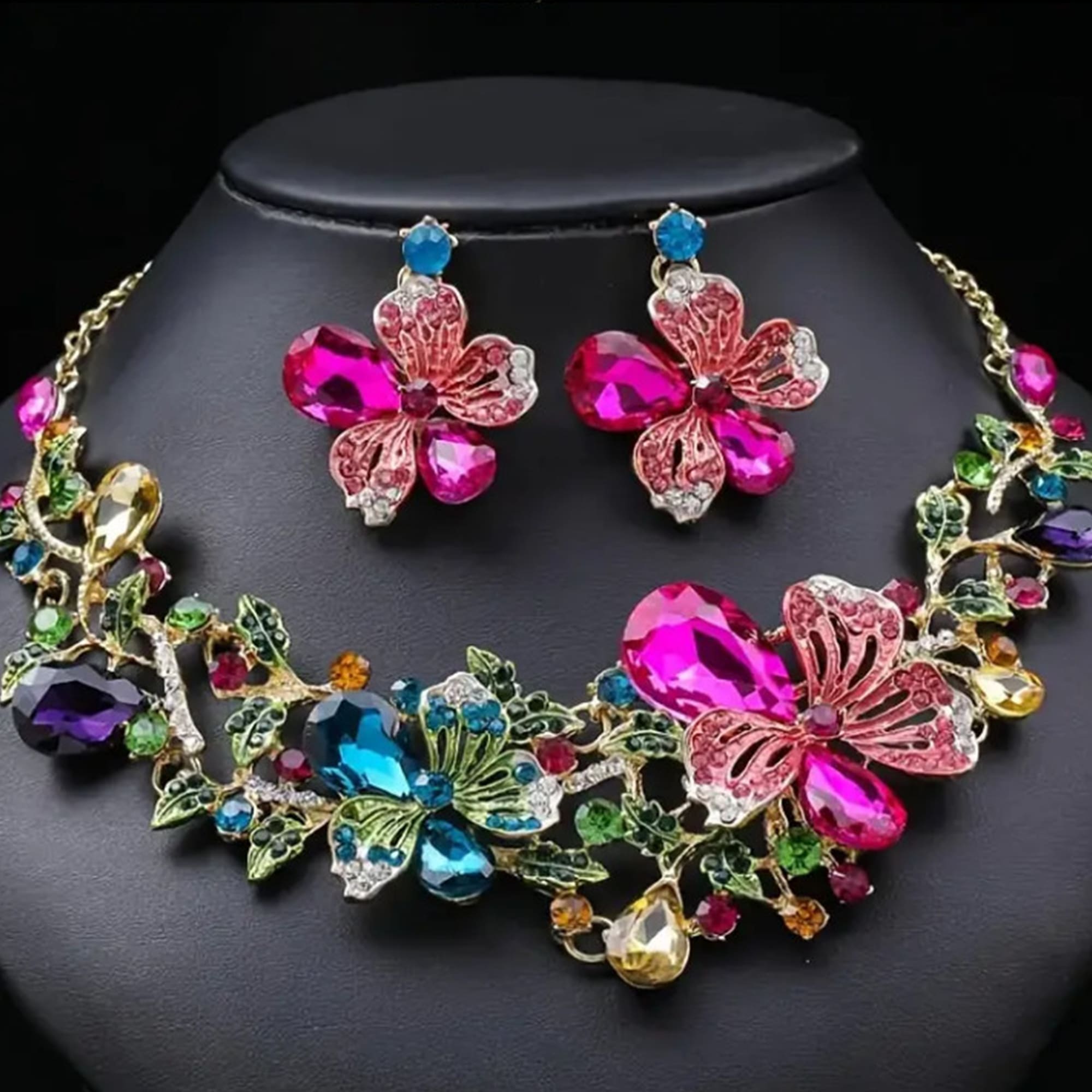 JN13 Floral Necklace & Earrings Set – Gold-Plated Choker Jewelry