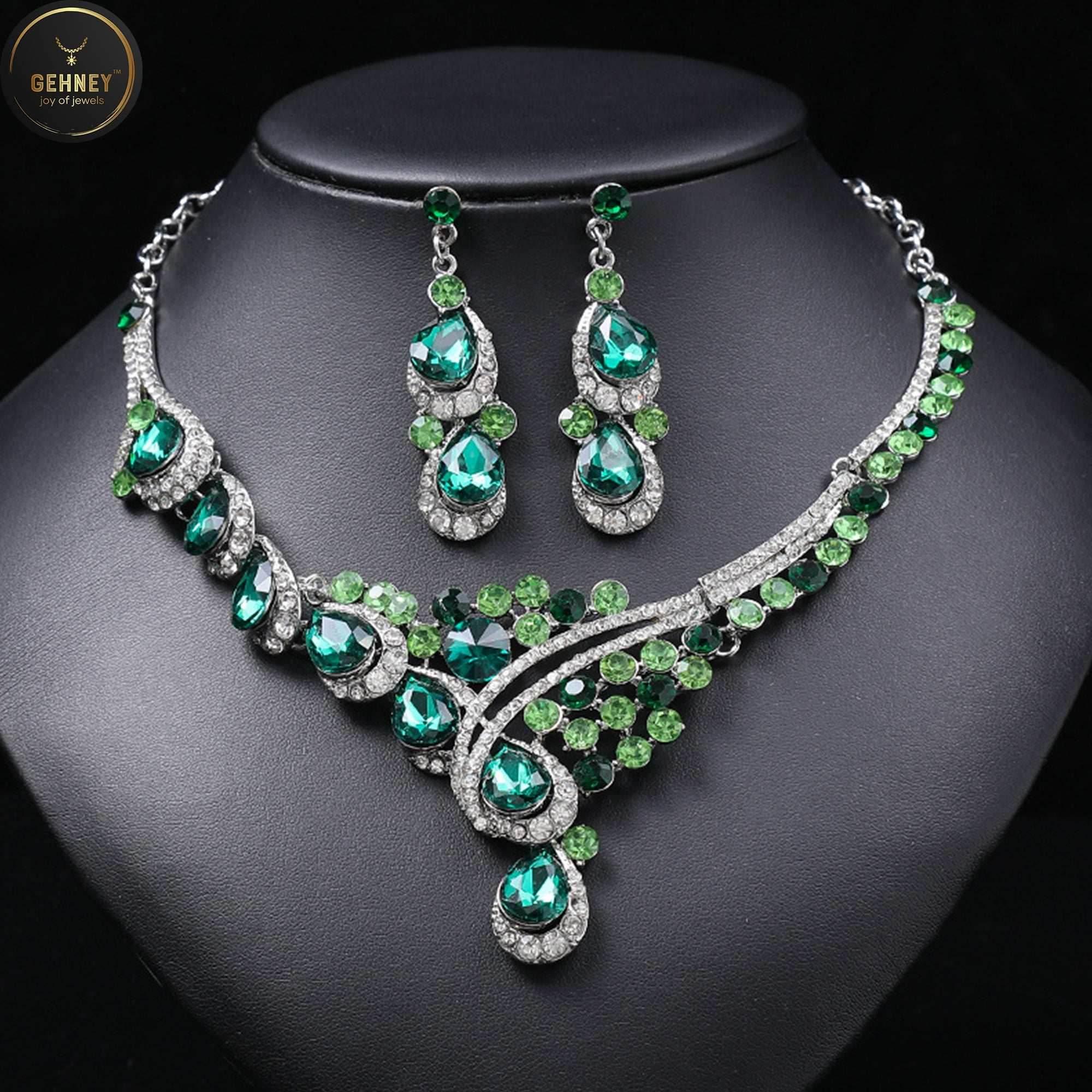 JN64 CZ Green Emerald Necklace & Earrings Set - Gehney
