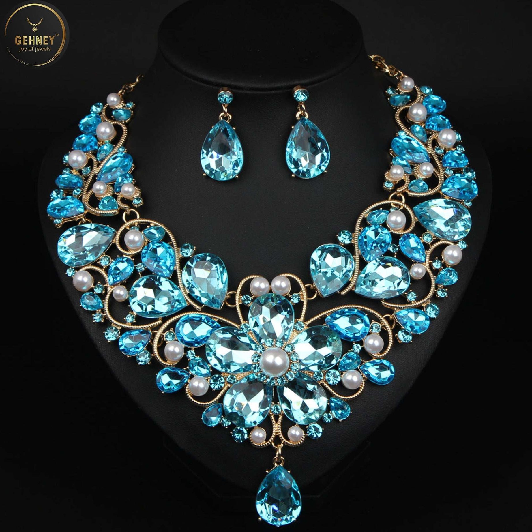 JN66 Blue Emerald & Pearls Necklace Earrings Set