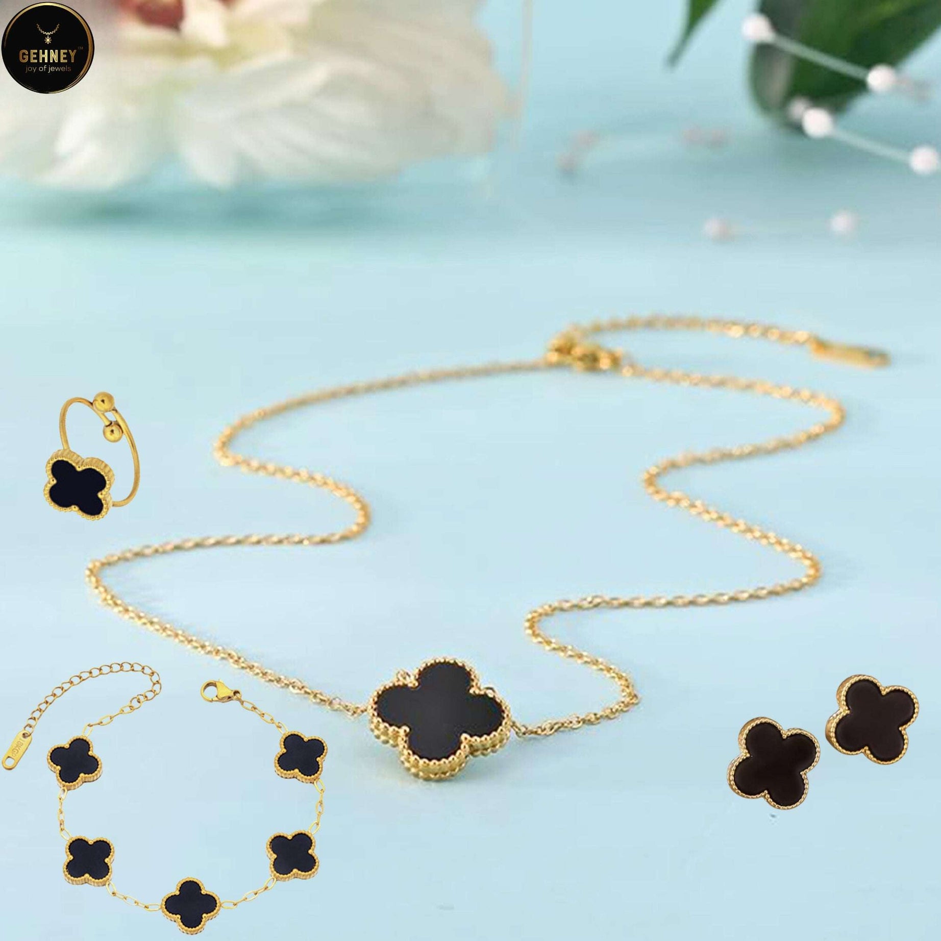 JN68 4Pcs Van Clef Black & Gold Jewellery Set