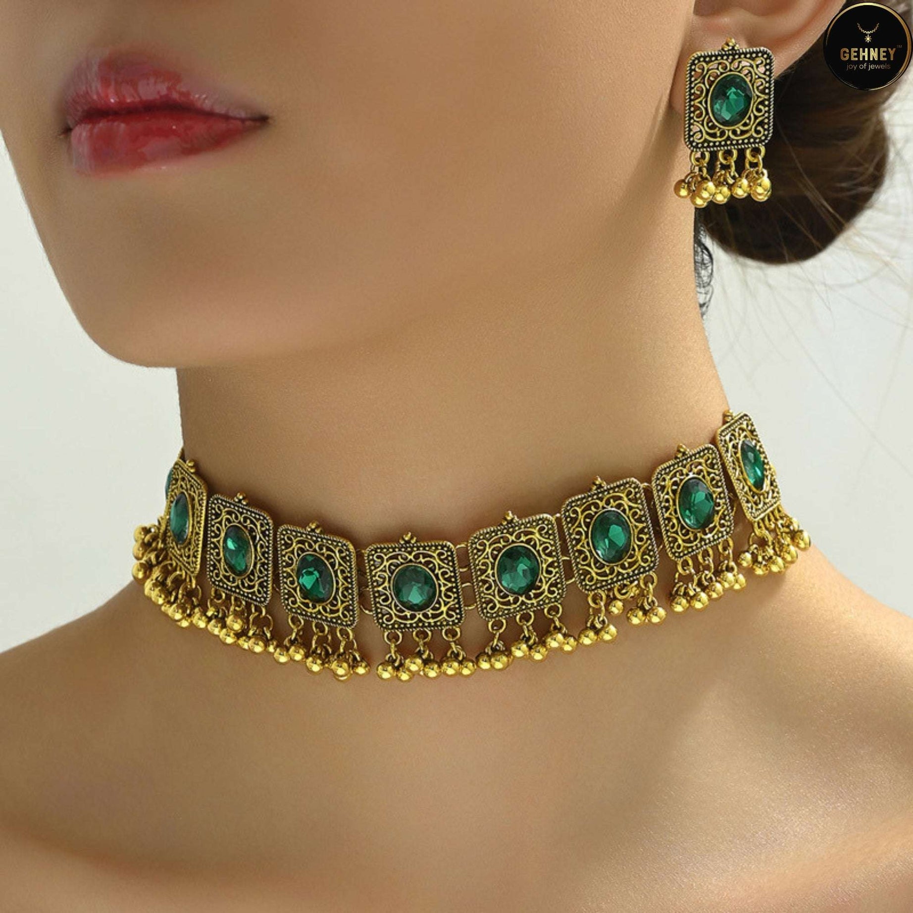 JN73 Gold-Plated Antique Gemstone Jewelry Set – Green Kundan & Multicolor