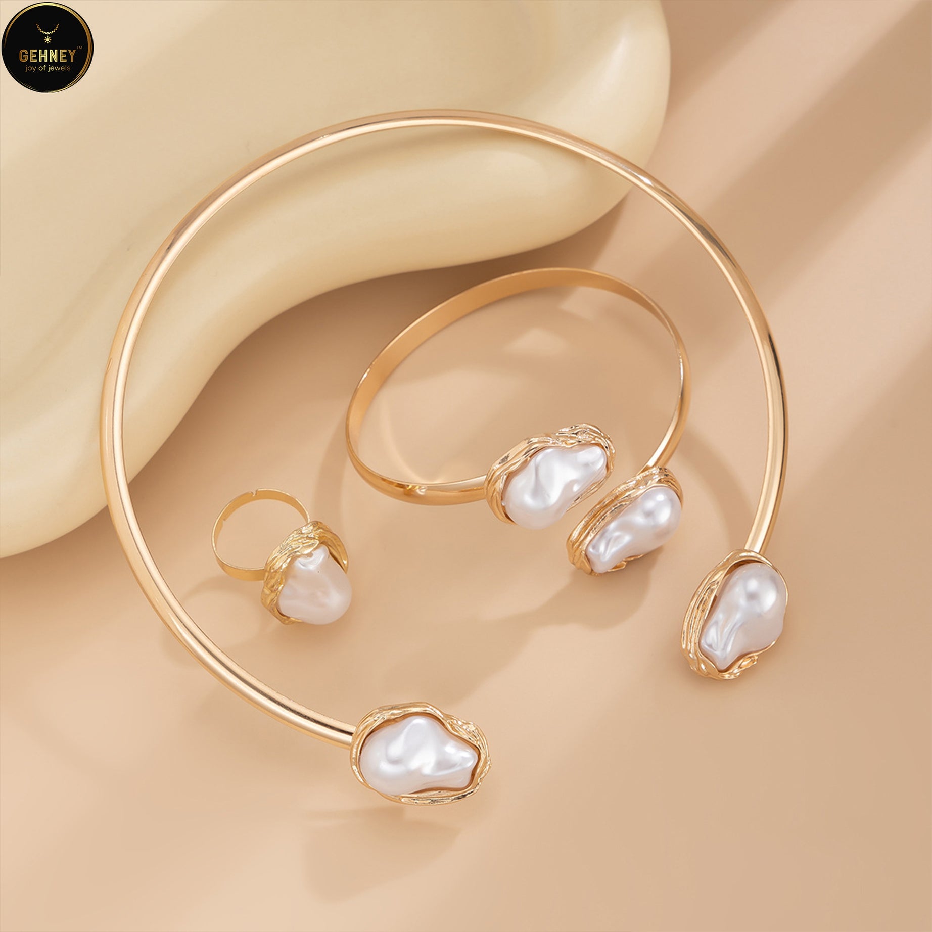 JN74 Gold-Plated Pearl Jewelry Set for Women & Teens – Necklace, Ring & Bracelet