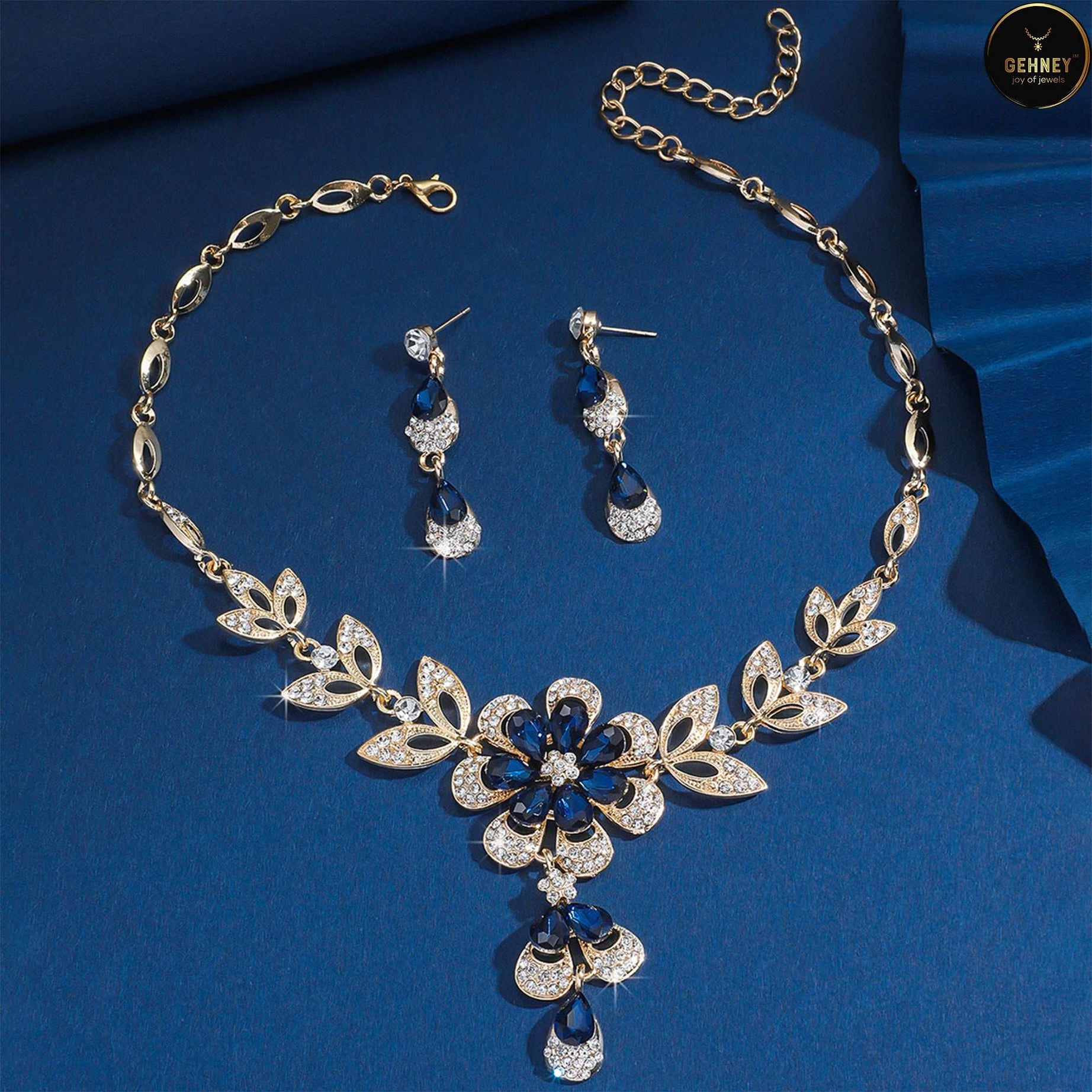 JN76 Gold-Plated Blue Gemstone Necklace & Earrings for Women & Teens