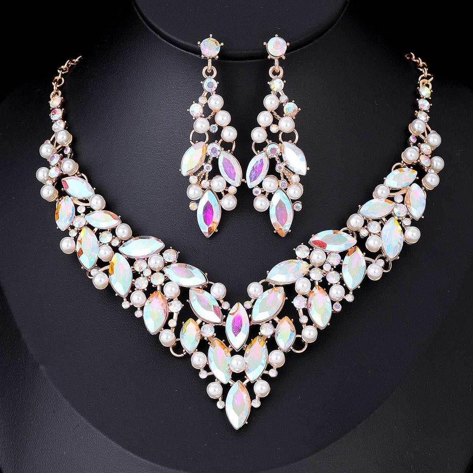 JN78 V-Shaped Iridescent AB Crystal Pearl Jewelry Set – Gold-Plated Necklace & Earrings - Gehney