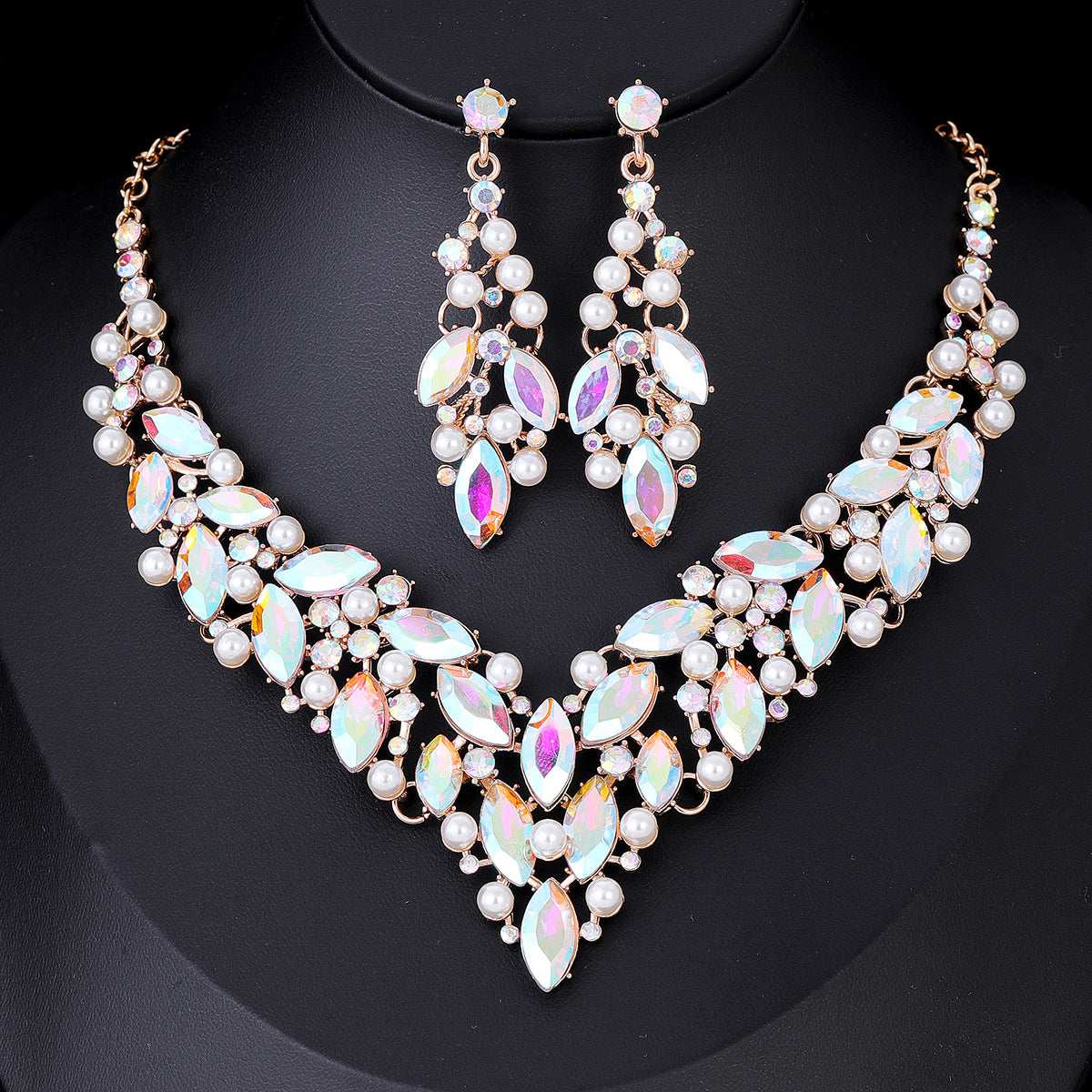 JN78 V-Shaped Iridescent AB Crystal Pearl Jewelry Set – Gold-Plated Necklace & Earrings