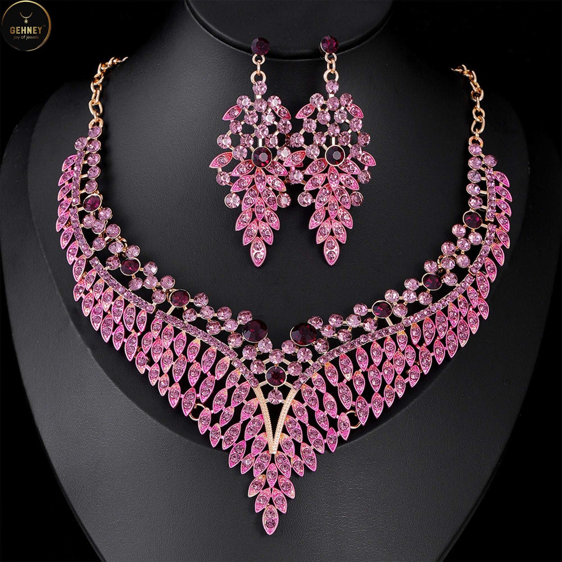 JN79 V-Shaped Crystal Necklace & Earrings Set – Gold-Plated, CZ Stones