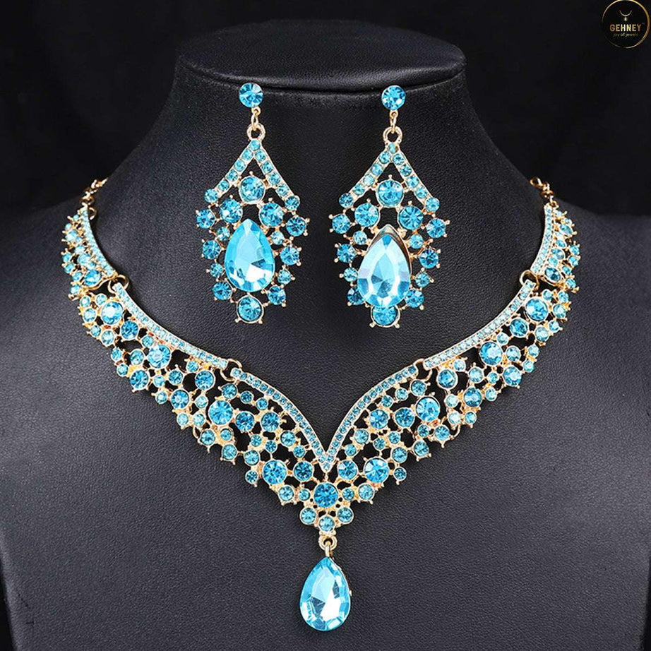 JN80 Gold-Plated Turquoise CZ Necklace & Earring Set for Women