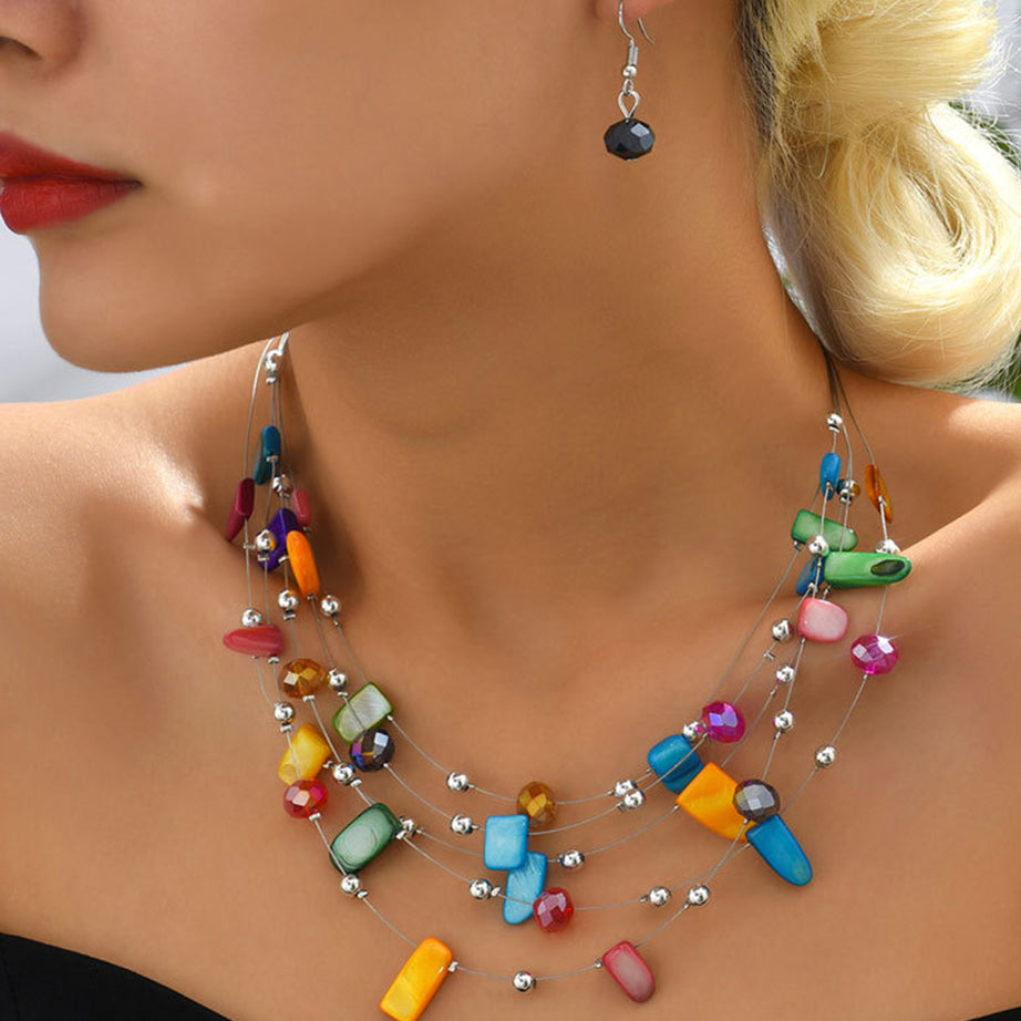 JN81 Colorful Acrylic Bead Necklace & Earring Set – Boho Chic Jewelry