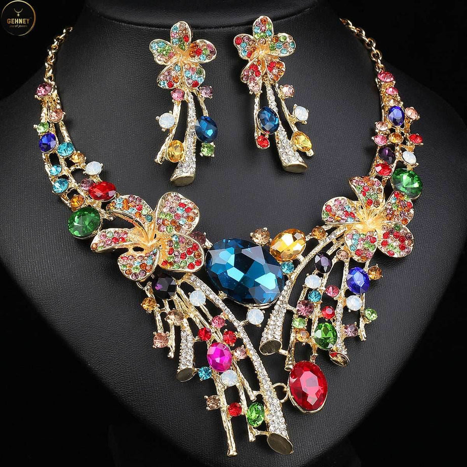 JN82 Colorful Zircon & Gemstone Necklace & Earring Set for Women - Gehney