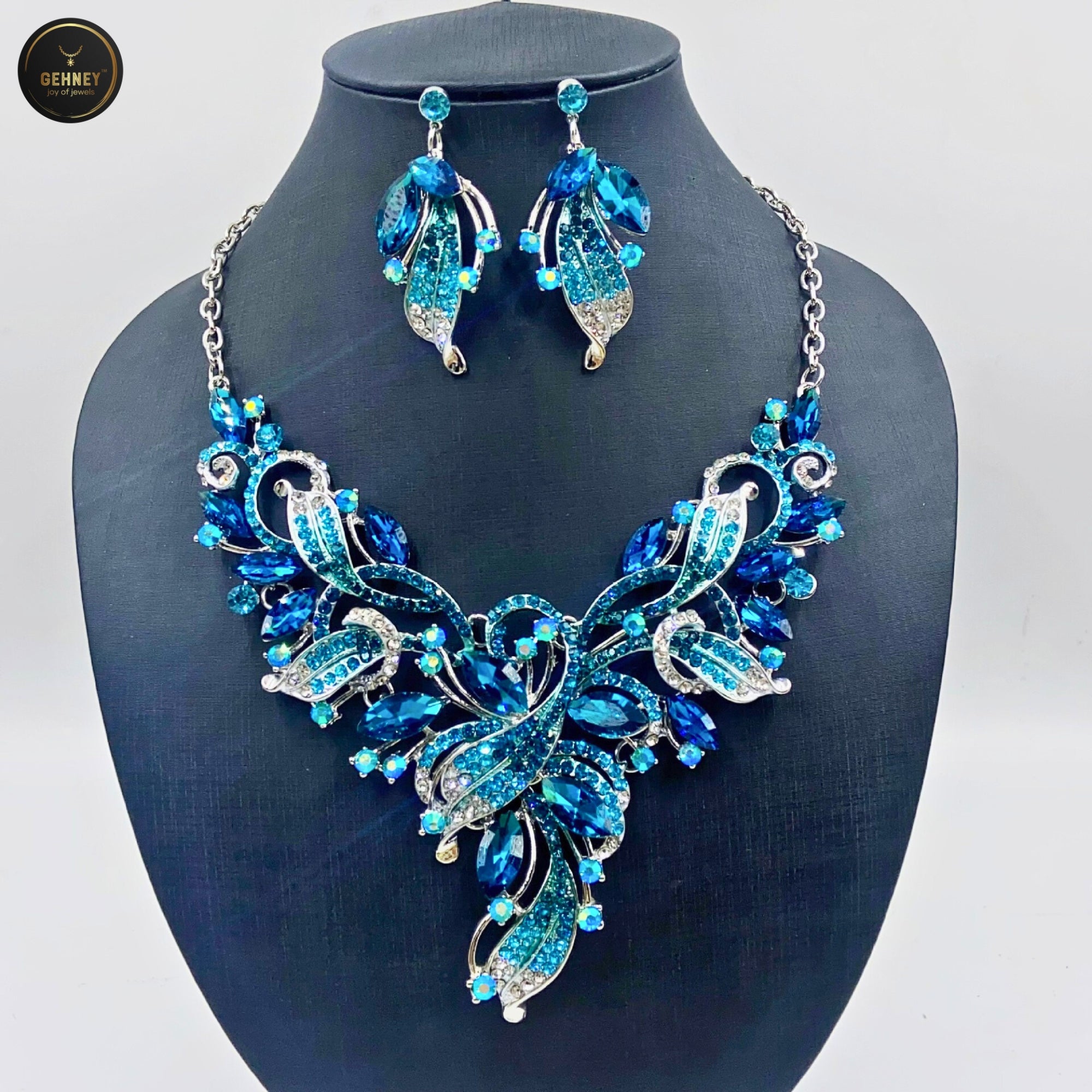 JN88 Blue Crystal Statement Necklace & Earrings Set | Silver Plated Leaf Design | Wedding Party Jewellery