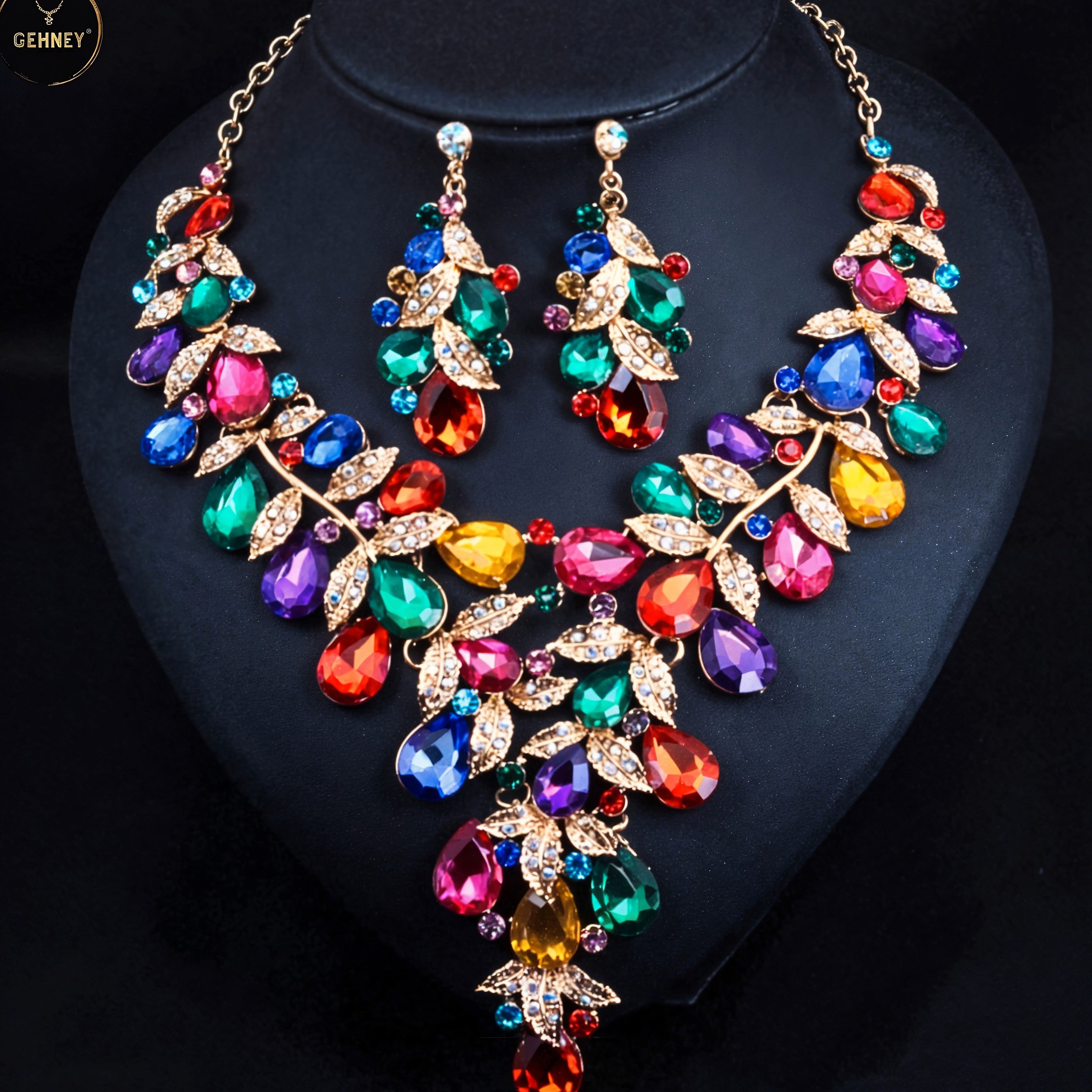 JN92 Luxury Rainbow Crystal Necklace Earrings Set for Women