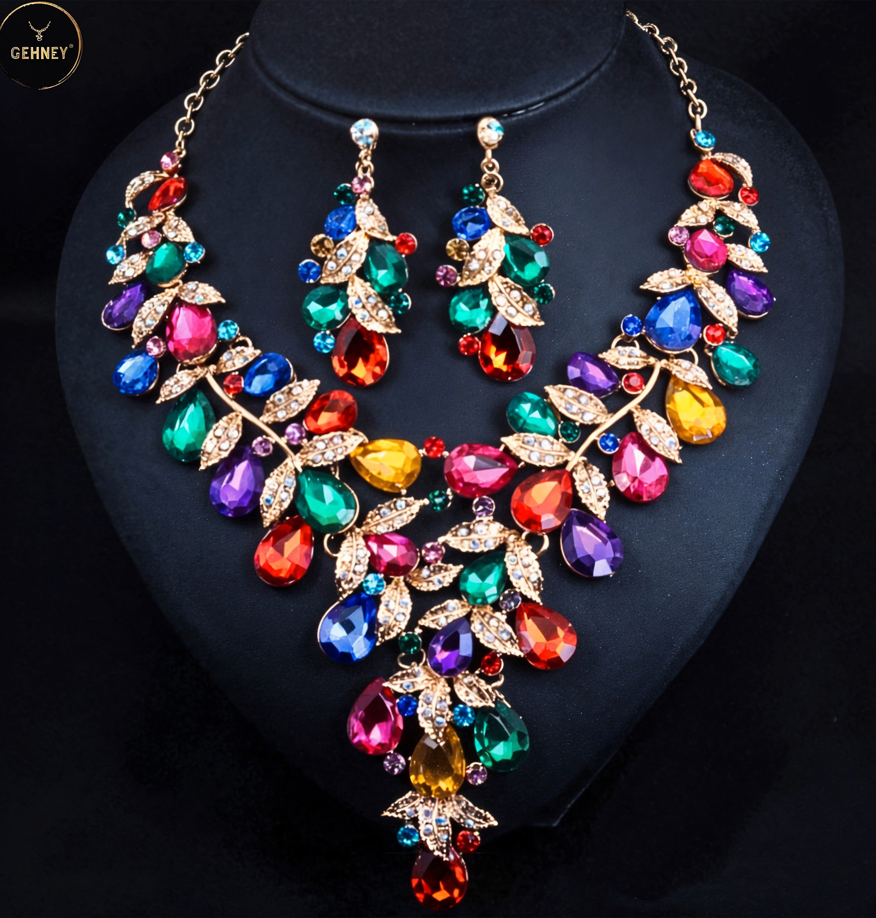JN92 Luxury Rainbow Crystal Necklace Earrings Set for Women