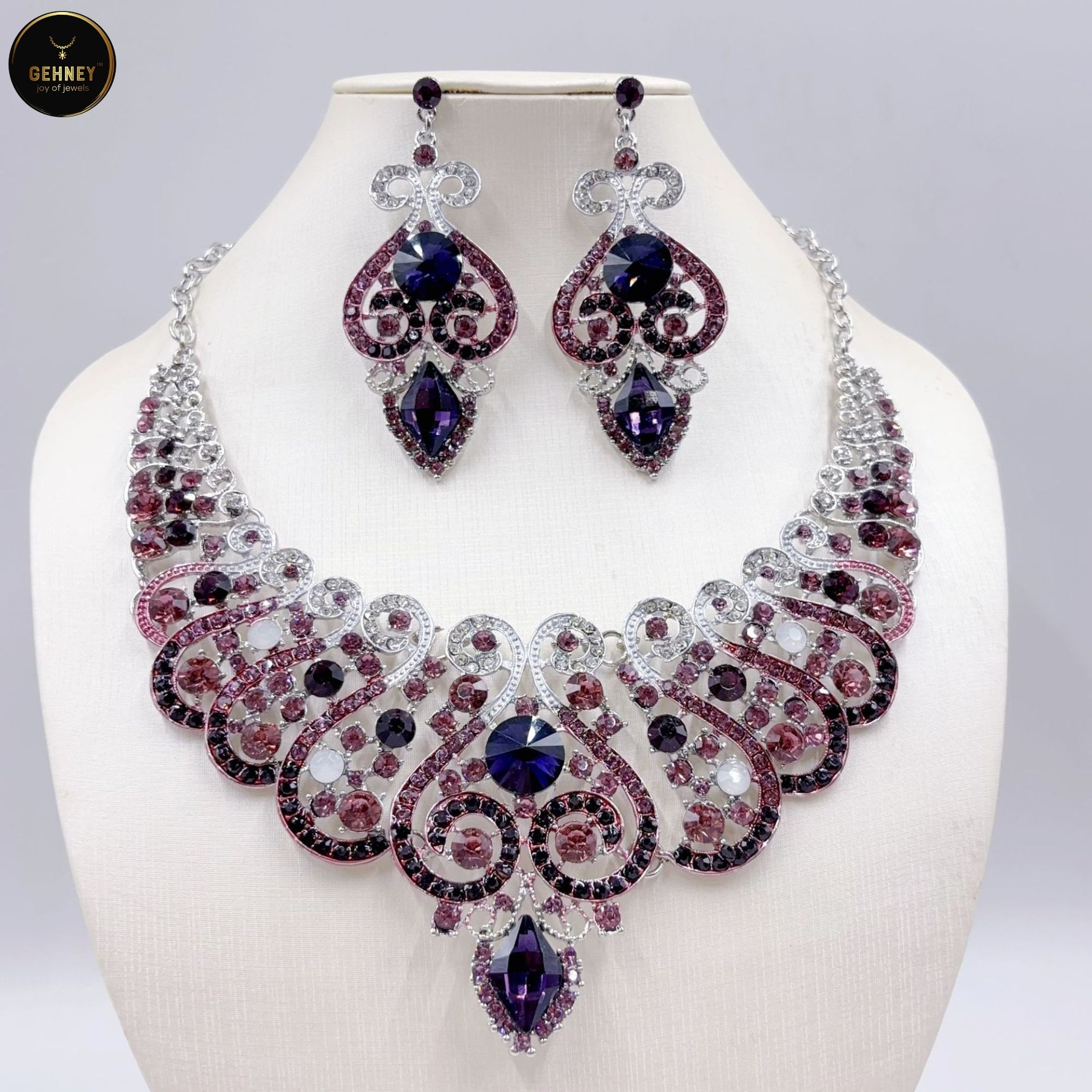 JN95 Royal Fusion Pink Purple Crystal Statement Necklace and Earrings Set