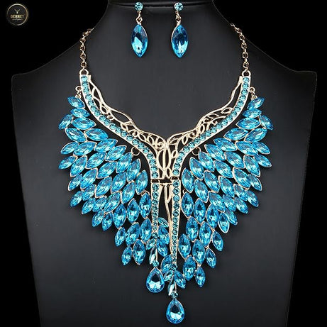 JN97 Peacock Luxurious Blue Crystal Choker Necklace and Earrings Set for Women