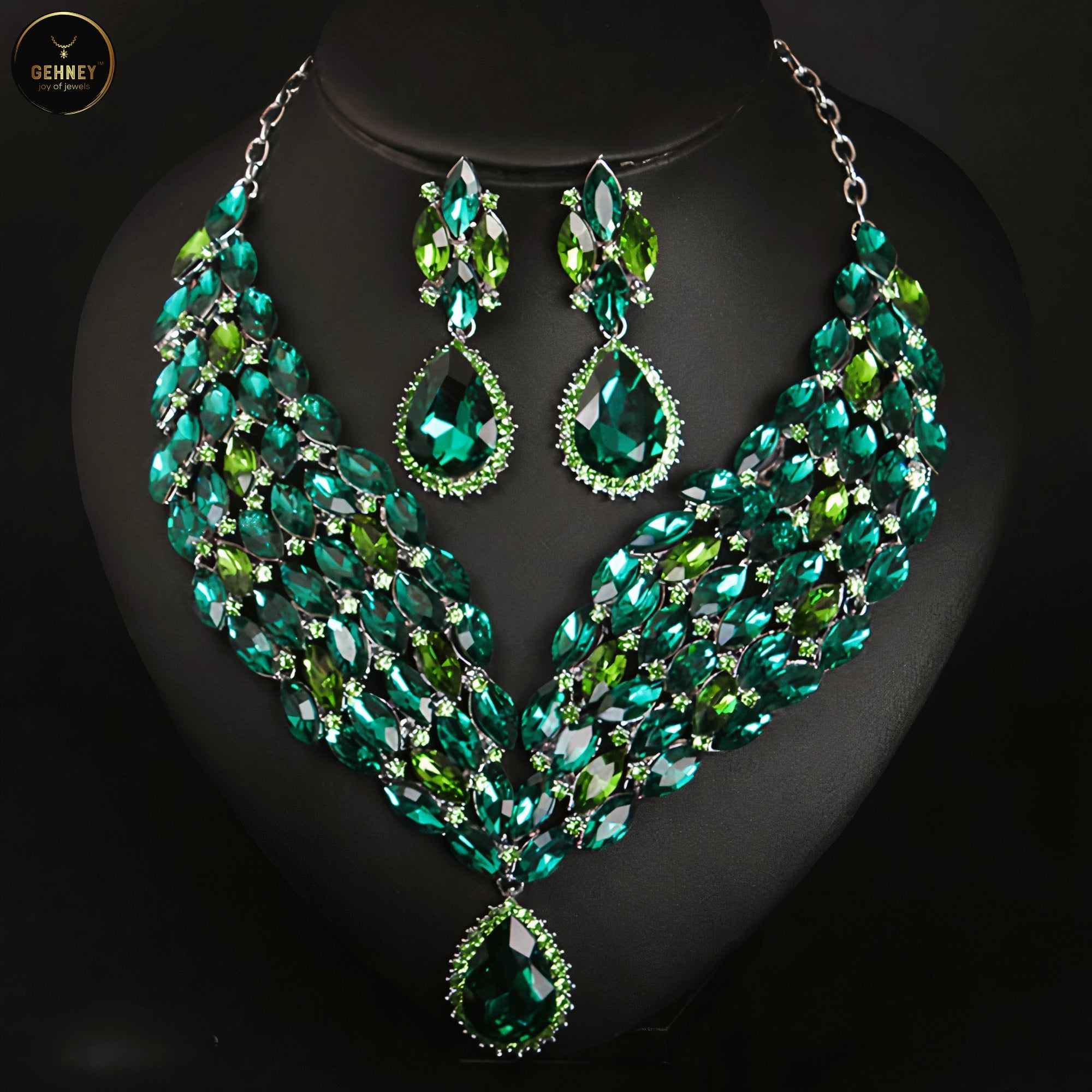 JN98 Emerald Green Crystal Necklace and Earrings Set for Women