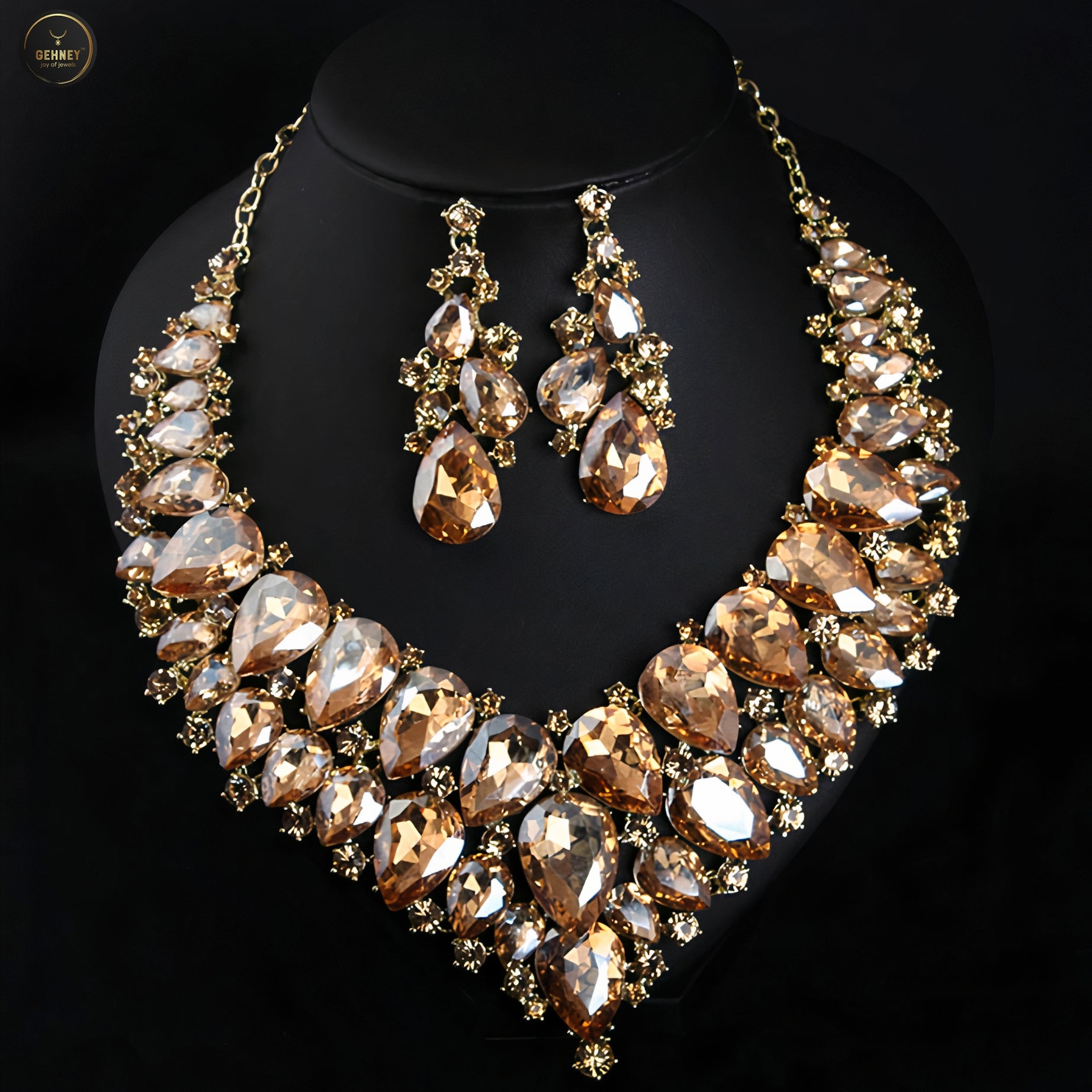 JN99 Champagne Crystal Necklace and Earrings Set for Women & girls