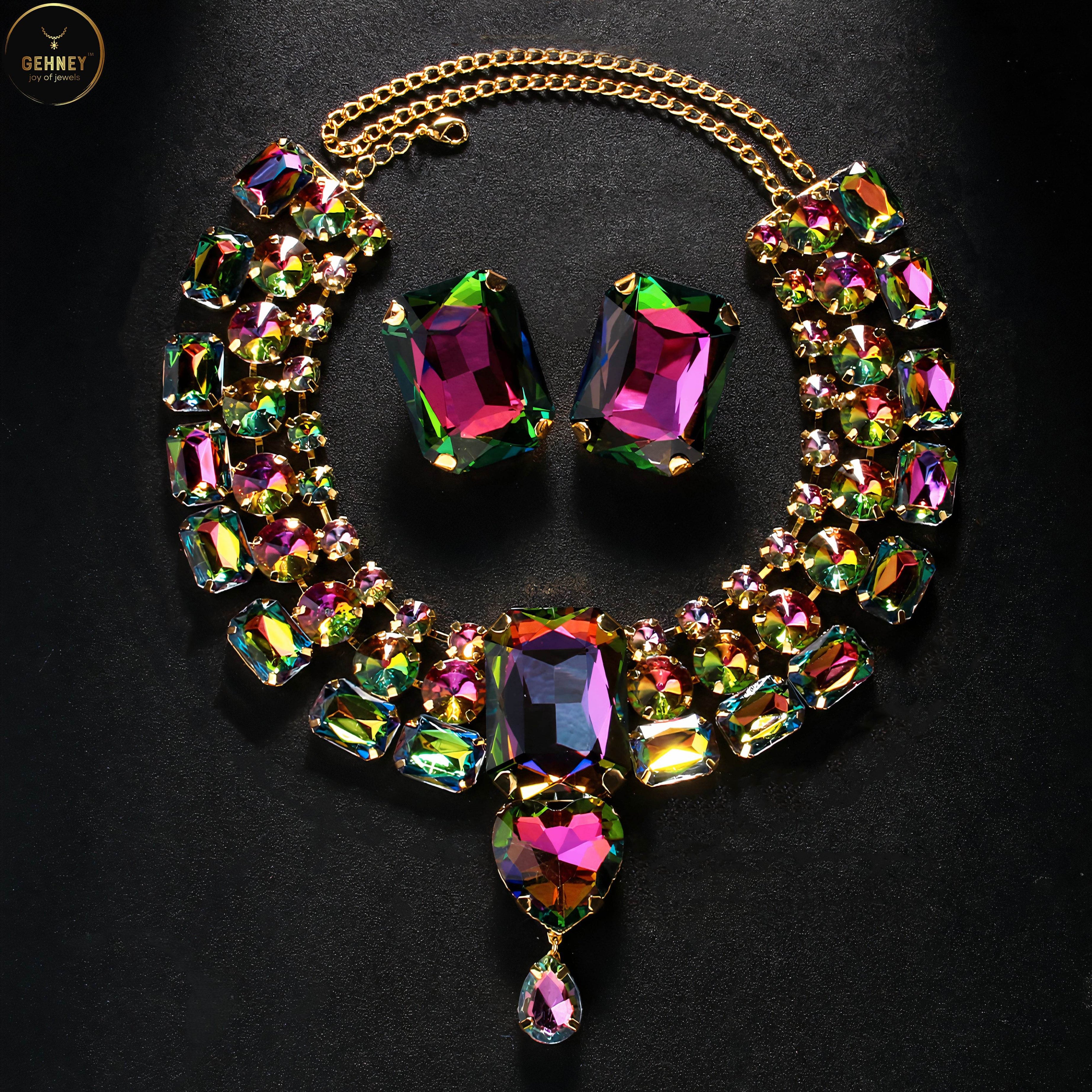 JN91 Luxurious Rainbow Crystal Necklace and Earrings Set for Women - Gehney
